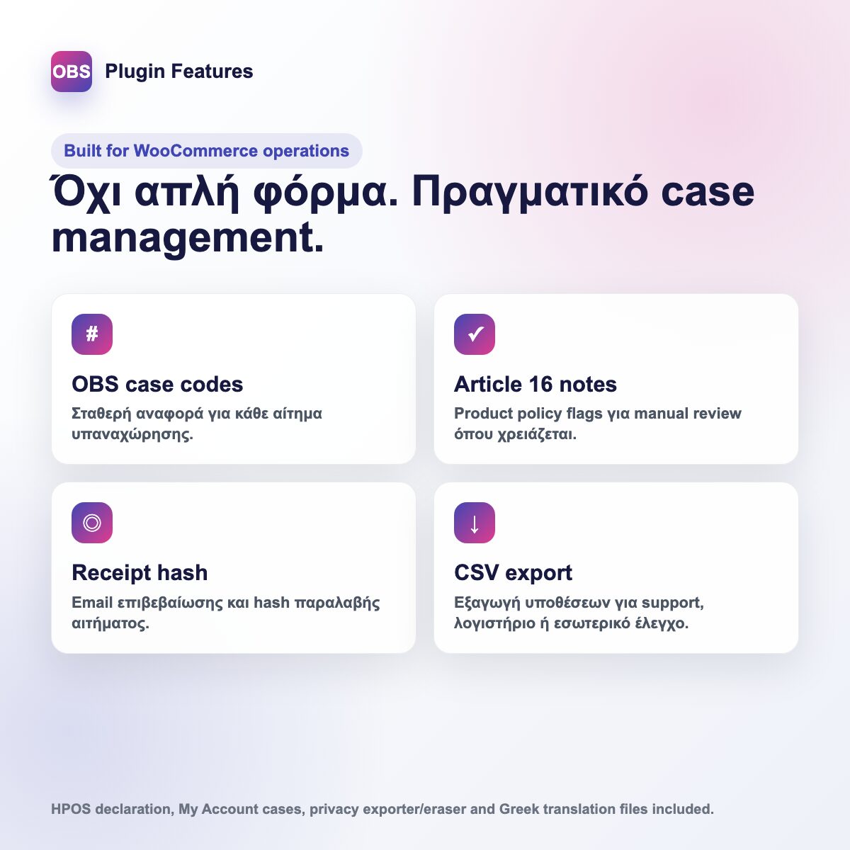 Χαρακτηριστικά OBS Withdrawal Center με case codes, receipt hash, Article 16 notes και CSV export.